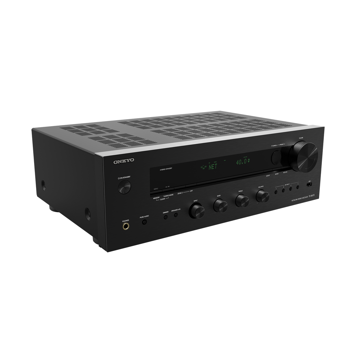 Onkyo TX-8470 stereo receiver in black, front hero view