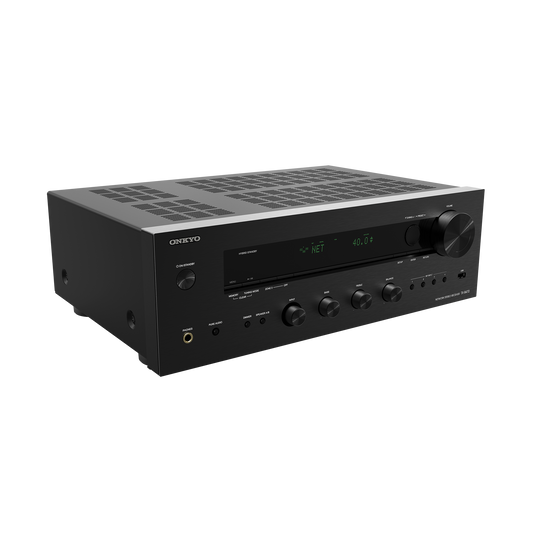 Onkyo TX-8470 stereo receiver in black, front hero view