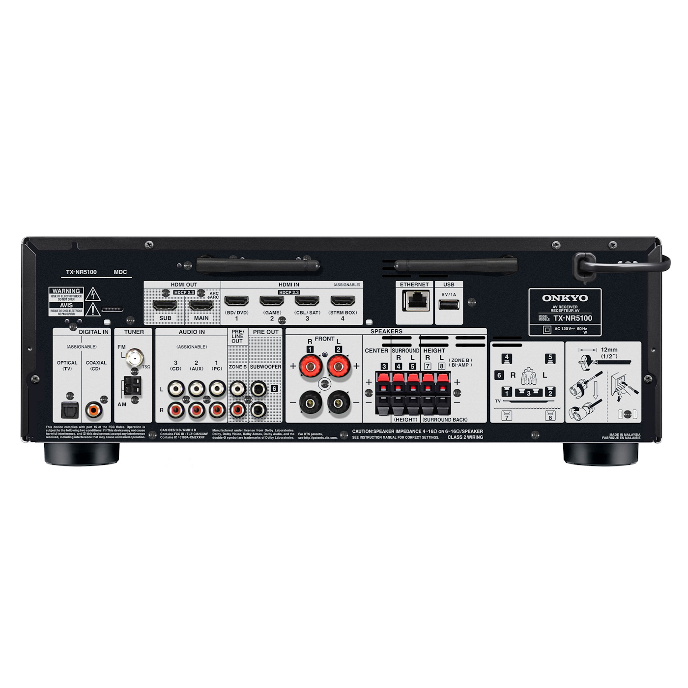 Onkyo TX-NR5100 AV receiver in black, rear panel connections