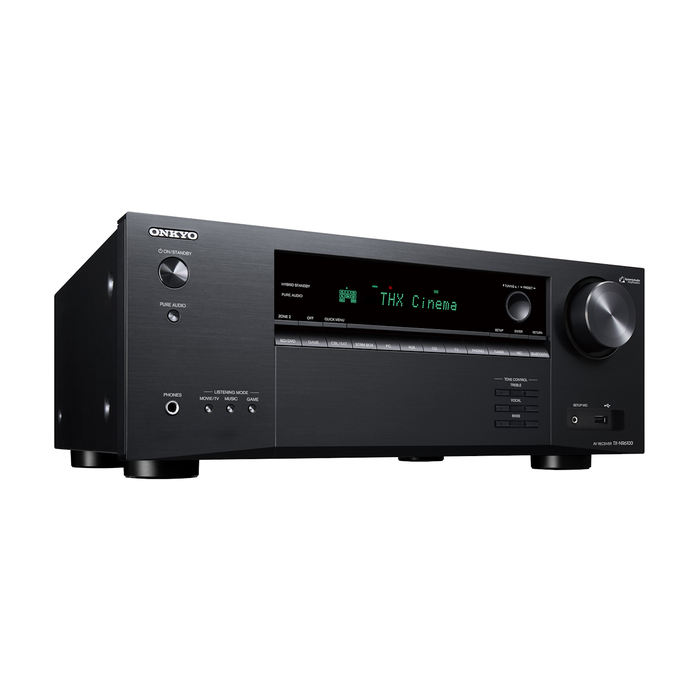 Onkyo TX-NR6100 AV receiver in black, right front angle