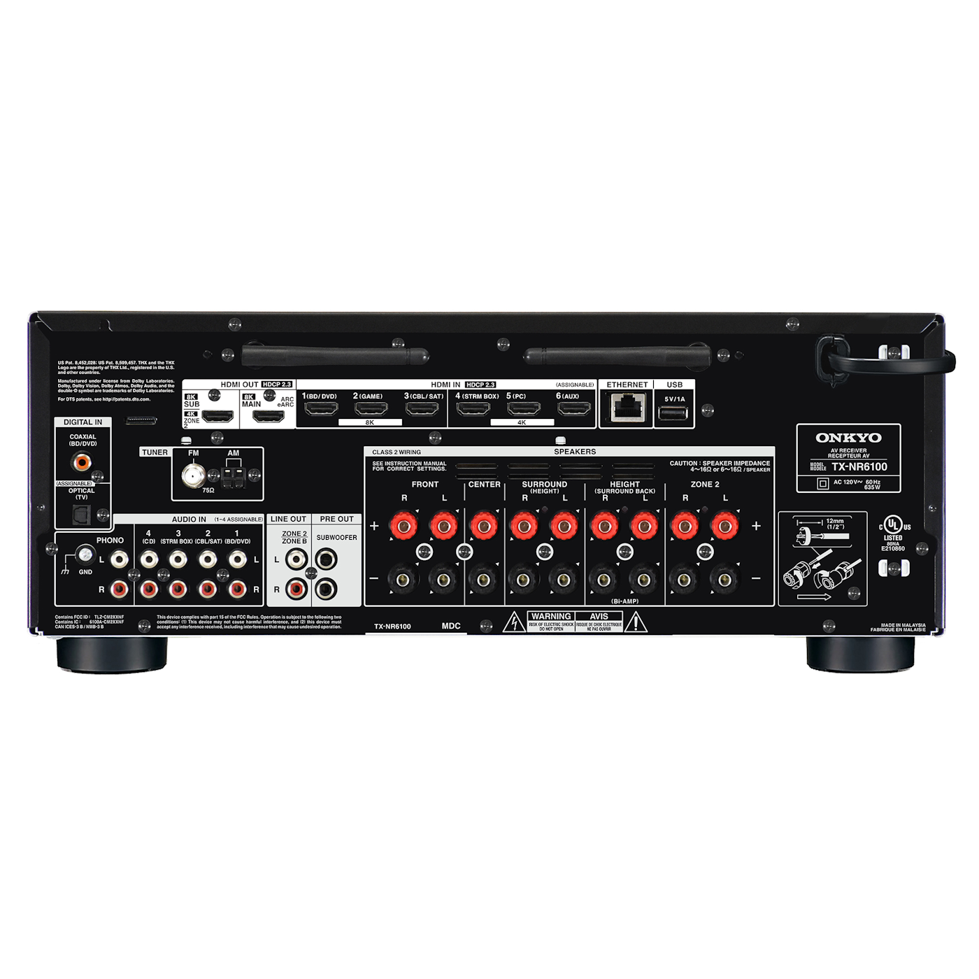 Onkyo TX-NR6100 AV receiver in black, rear panel connections