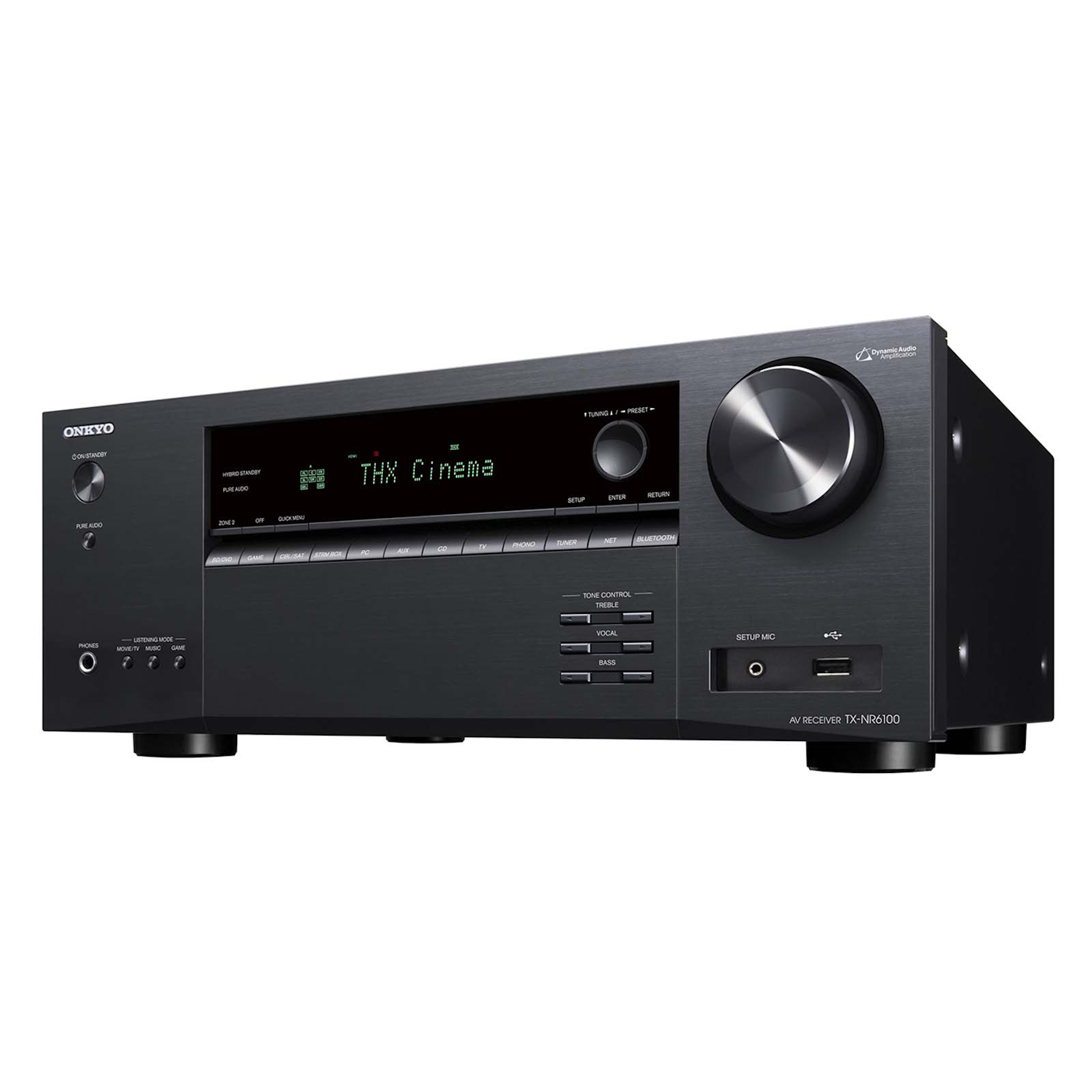 Onkyo TX-NR6100 AV receiver in black, left side angle