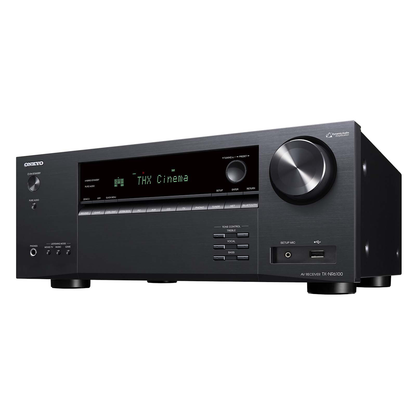 Onkyo TX-NR6100 AV receiver in black, left side angle