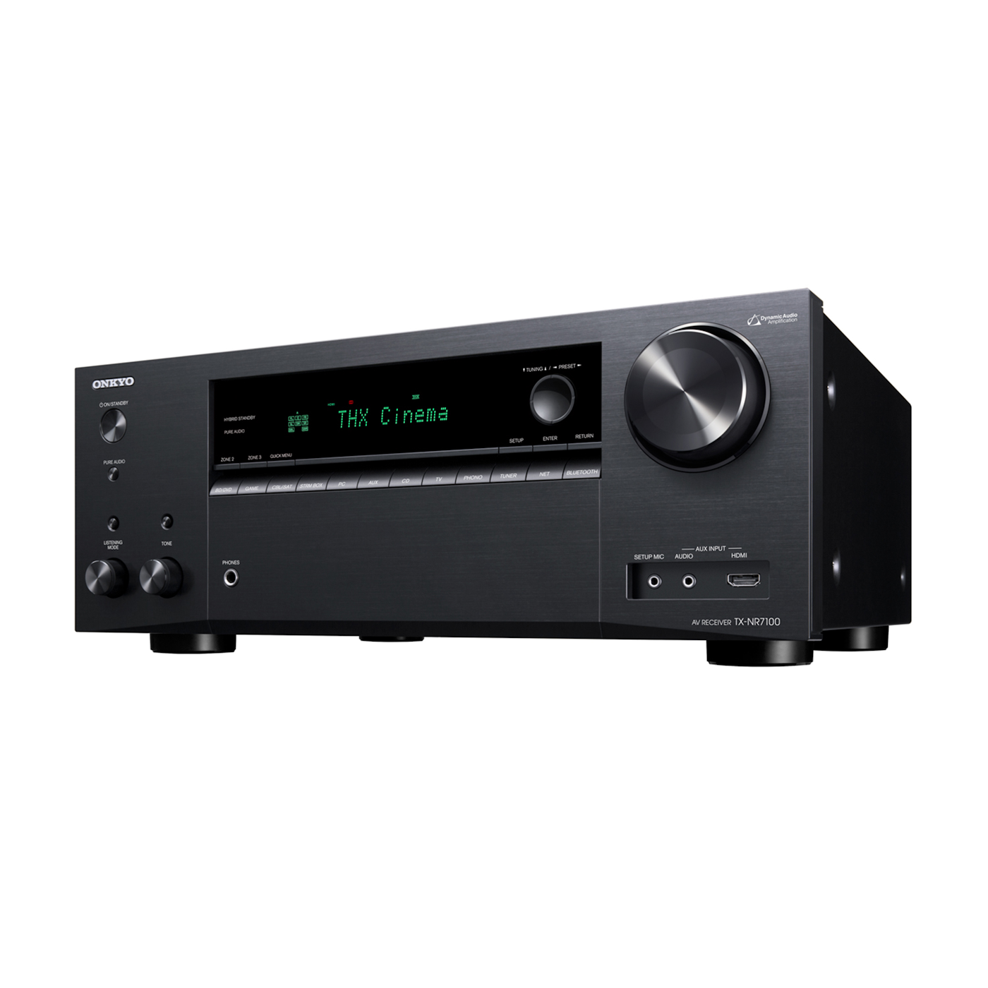 Onkyo TX-NR7100 AV receiver in black, left front angle