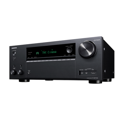 Onkyo TX-NR7100 AV receiver in black, left front angle