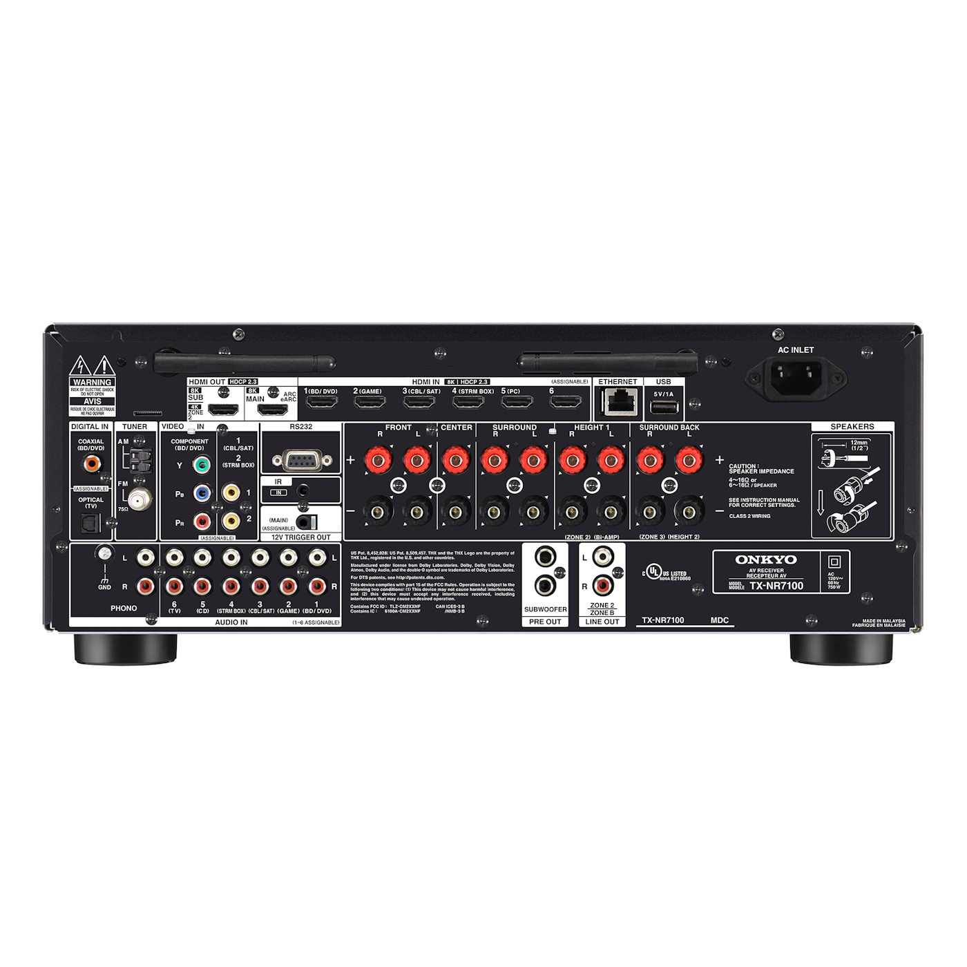 Onkyo TX-NR7100 AV receiver in black, rear panel connections