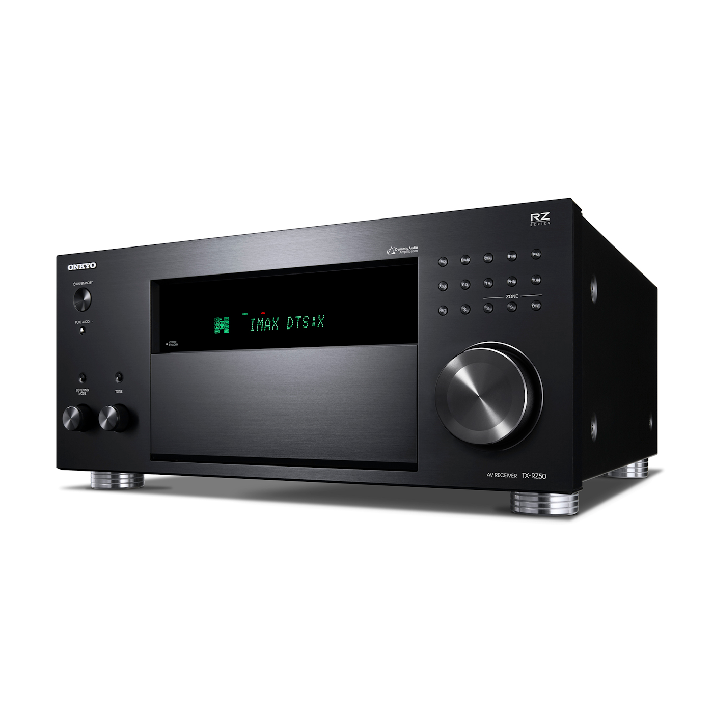 Onkyo TX-RZ50 AV receiver in black, left front angle