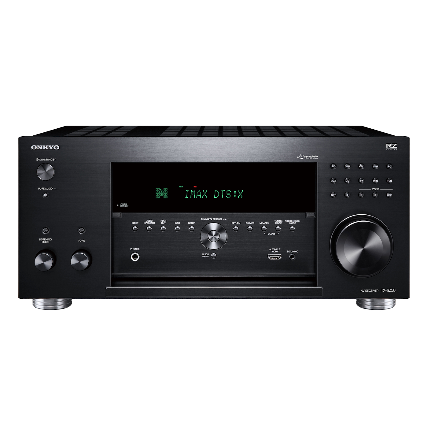 Onkyo TX-RZ50 AV receiver in black, front panel with flap open