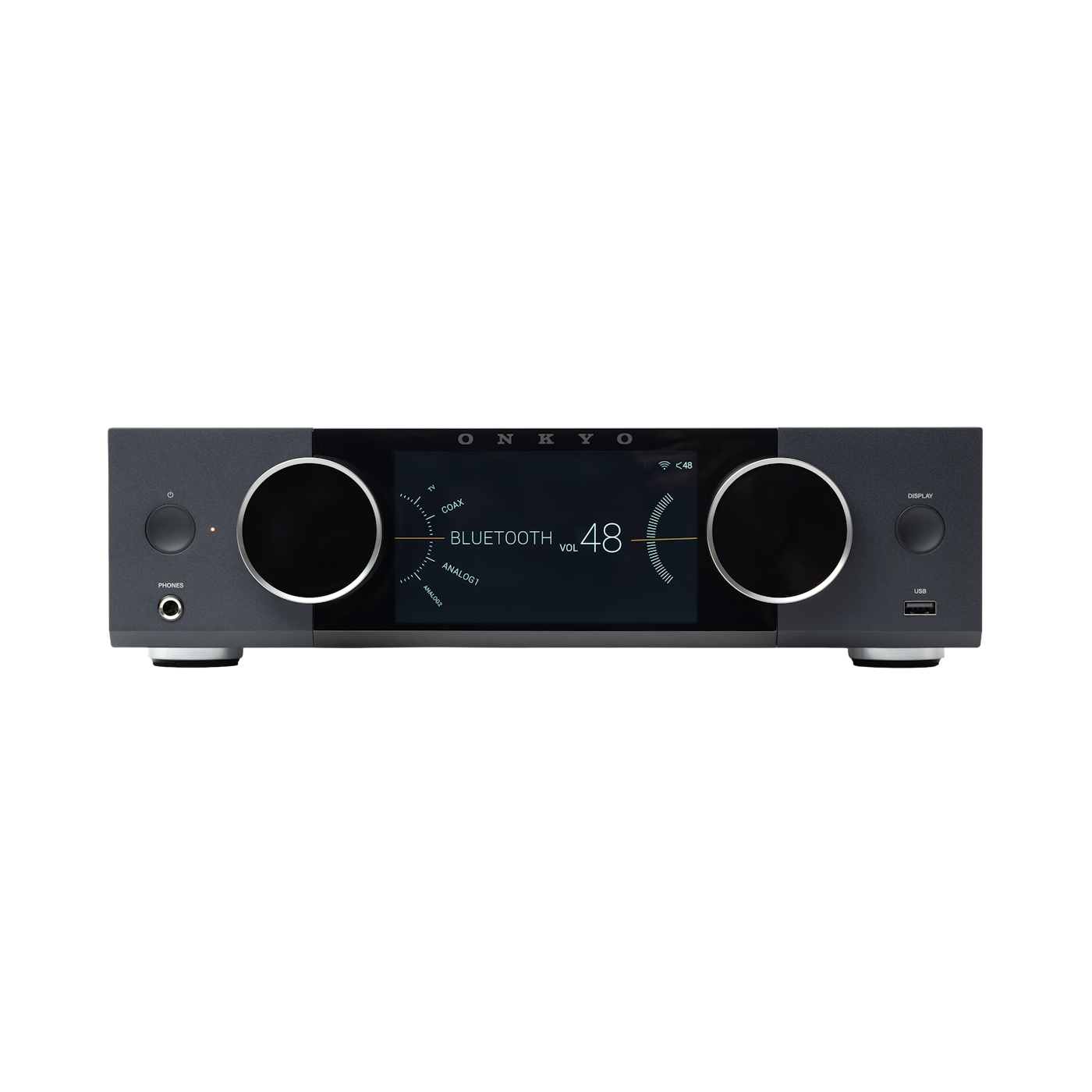 Onkyo Muse Y-40 in Black, front panel powered on with color LCD