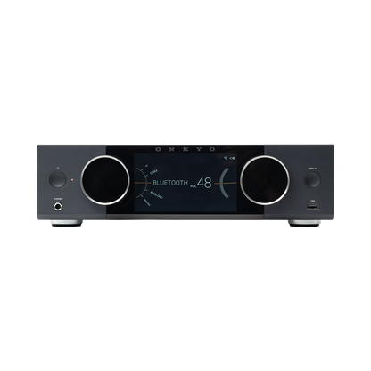 Onkyo Muse Y-40 in Black, front panel powered on with color LCD