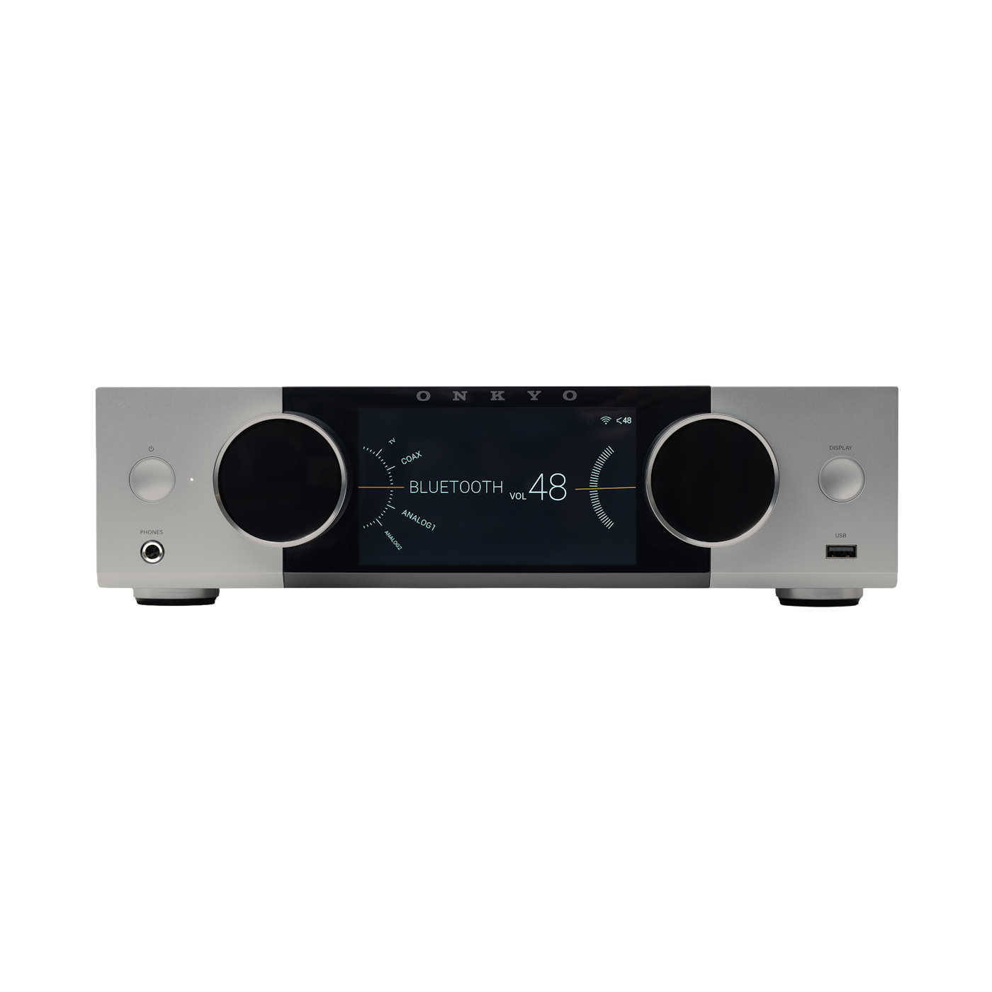 Onkyo Muse Y-40 in Silver, front panel powered on with color LCD