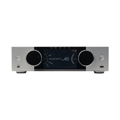 Onkyo Muse Y-40 in Silver, front panel powered on with color LCD