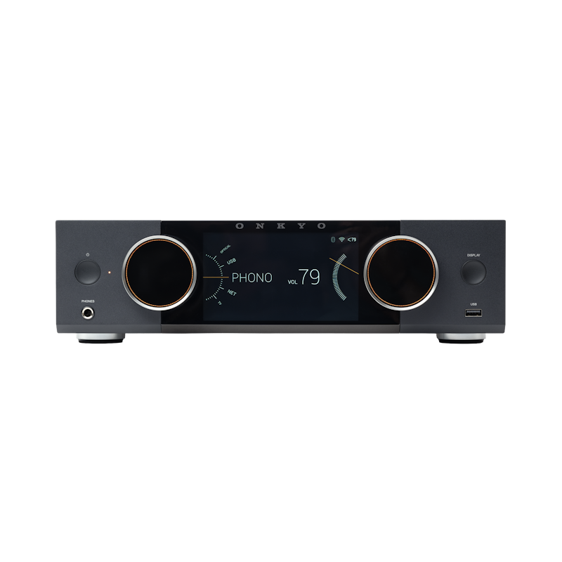 Onkyo Muse Y-50 in Black, front panel powered on with color LCD