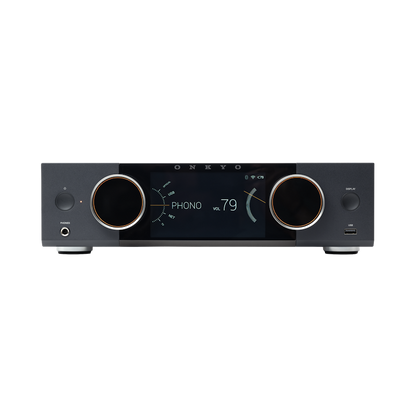 Onkyo Muse Y-50 in Black, front panel powered on with color LCD