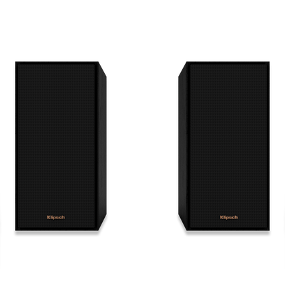Front view of single Klipsch R-40M compact bookshelf speaker in black
