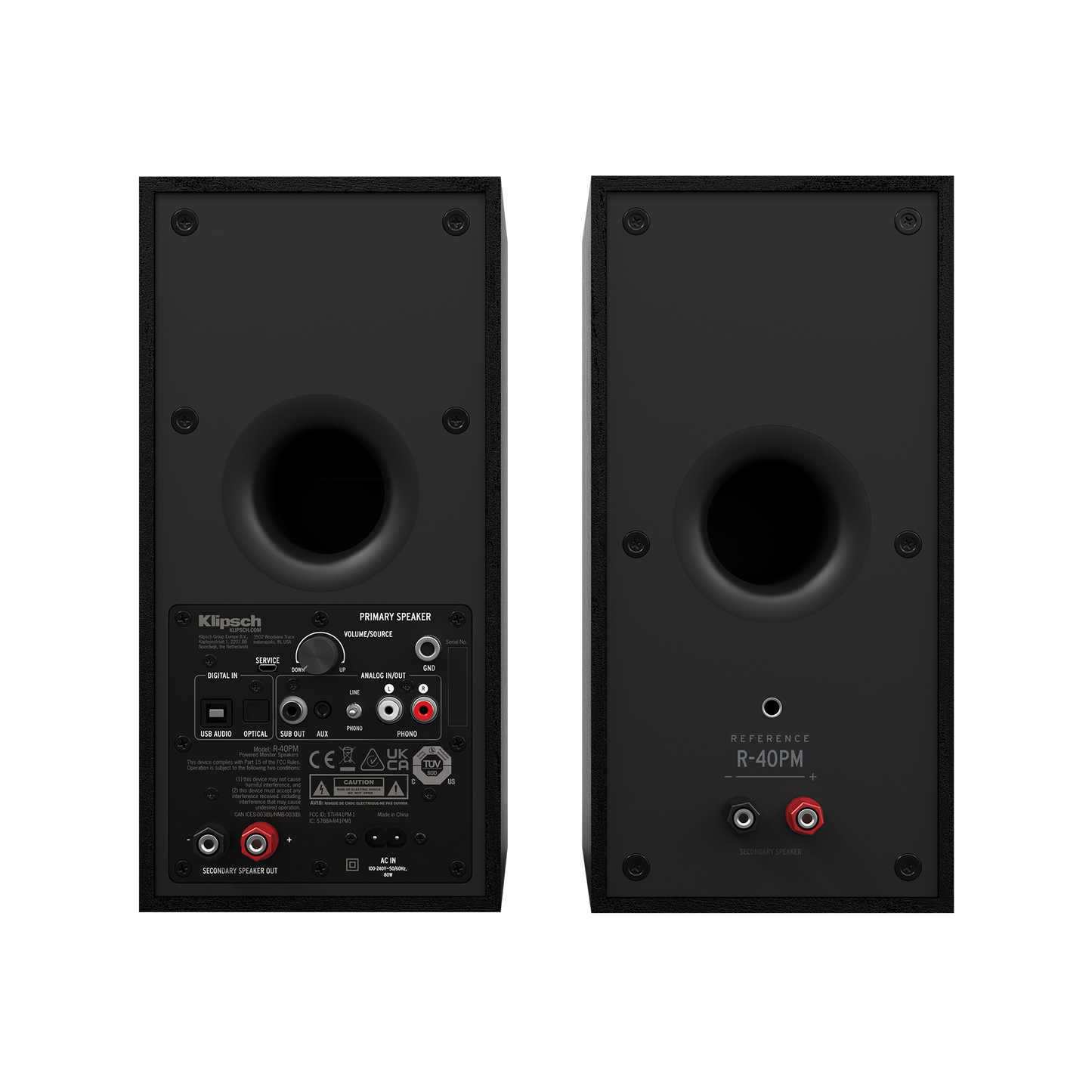 Klipsch R-40PM powered speakers in Black, rear panel with phono, Bluetooth and subwoofer output