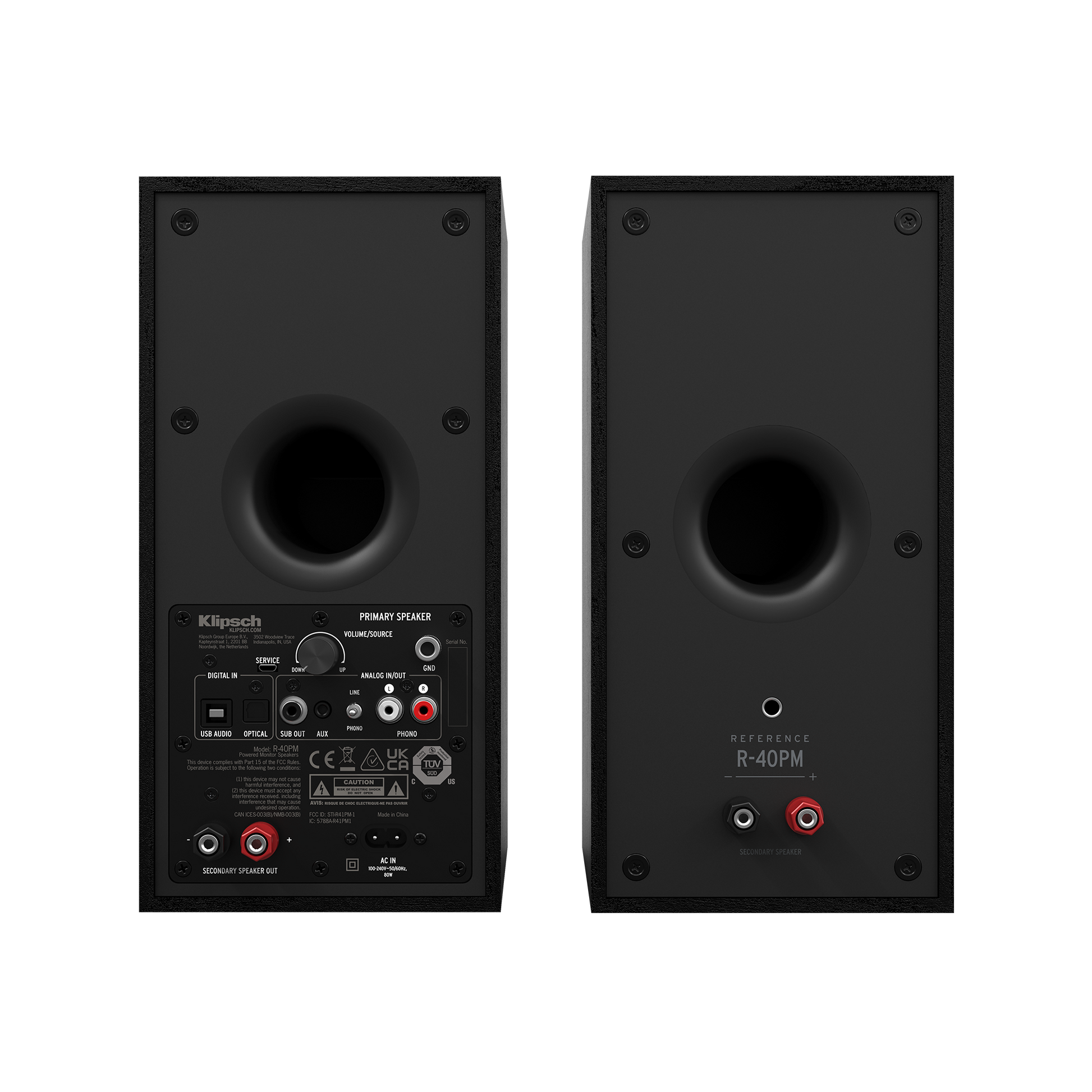 Klipsch R-40PM powered speakers in Black, rear panel with phono, Bluetooth and subwoofer output