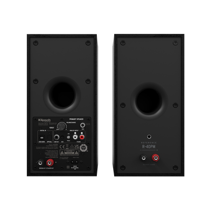 Klipsch R-40PM powered speakers in Black, rear panel with phono, Bluetooth and subwoofer output