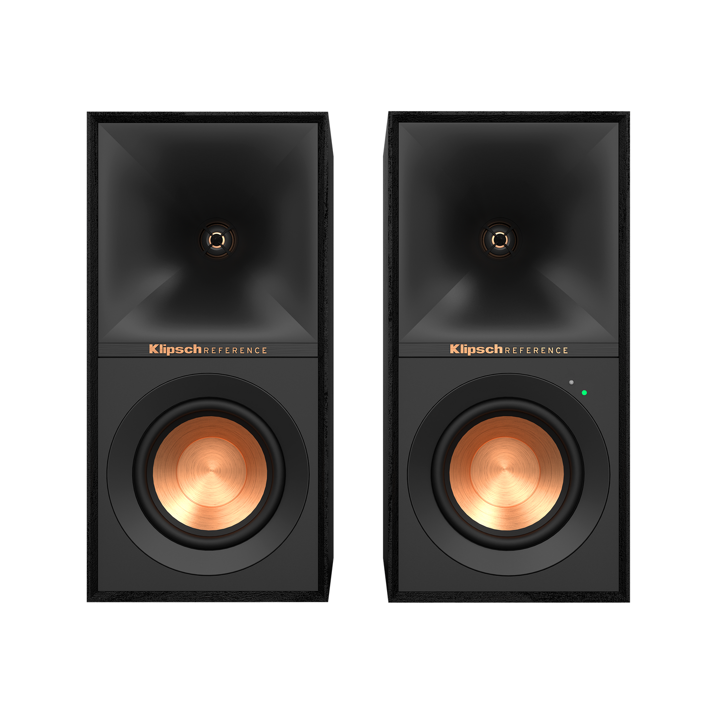 Klipsch R-40PM powered speakers in Black, front view with grilles off