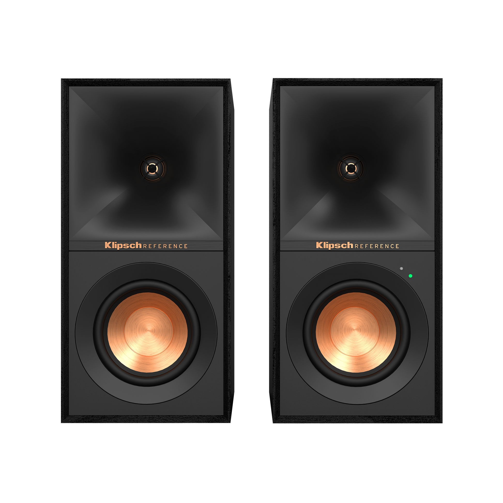 Klipsch R-40PM powered speakers in Black, front view with grilles off