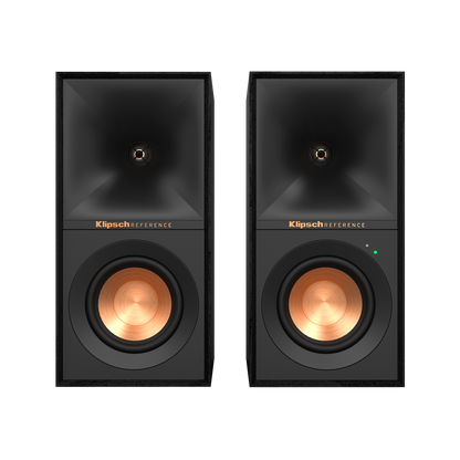 Klipsch R-40PM powered speakers in Black, front view with grilles off