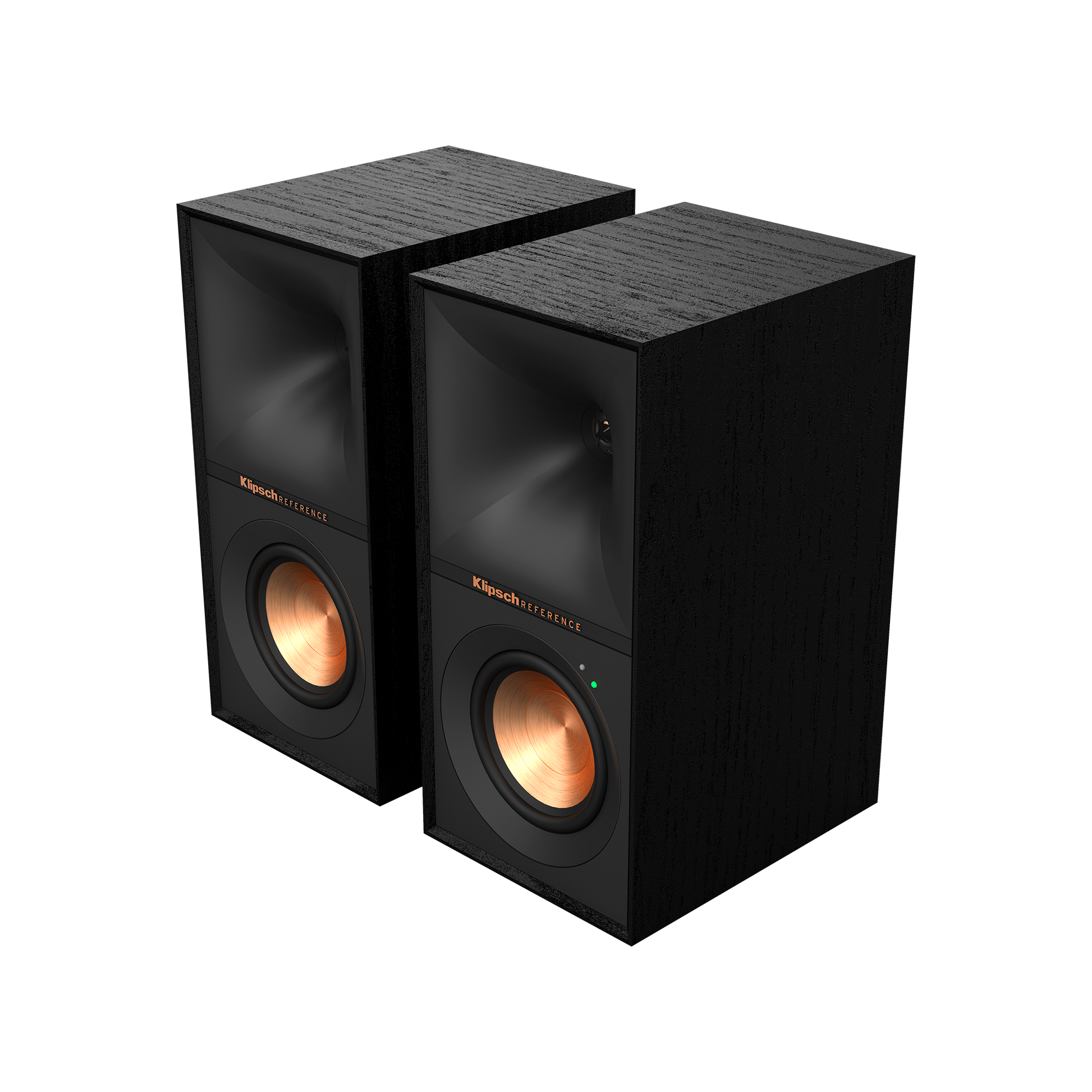 Klipsch R-40PM powered speakers in Black, pair hero view with grilles off showing copper woofers