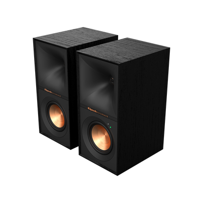 Klipsch R-40PM powered speakers in Black, pair hero view with grilles off showing copper woofers