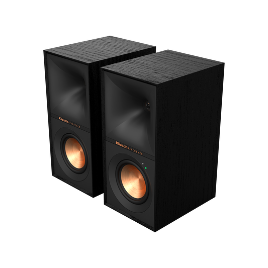 Klipsch R-40PM powered speakers in Black, pair hero view with grilles off showing copper woofers