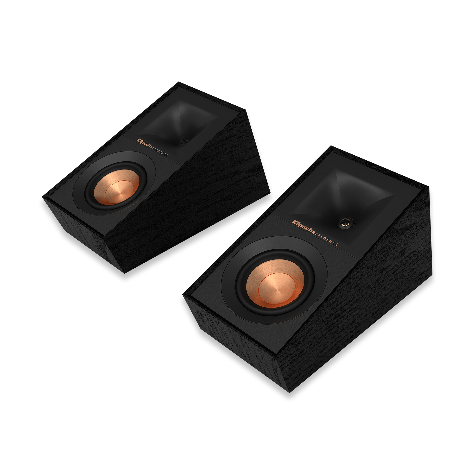 Klipsch R-40SA Dolby Atmos elevation speaker in black textured wood grain, front view