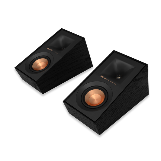 Klipsch R-40SA Dolby Atmos elevation speaker in black textured wood grain, front view