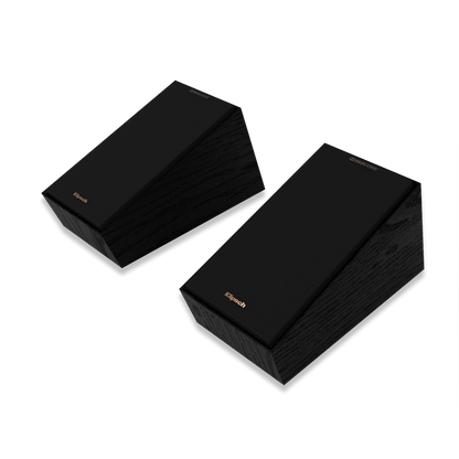 Klipsch R-40SA angled surround speaker showing 4-inch woofer and horn tweeter