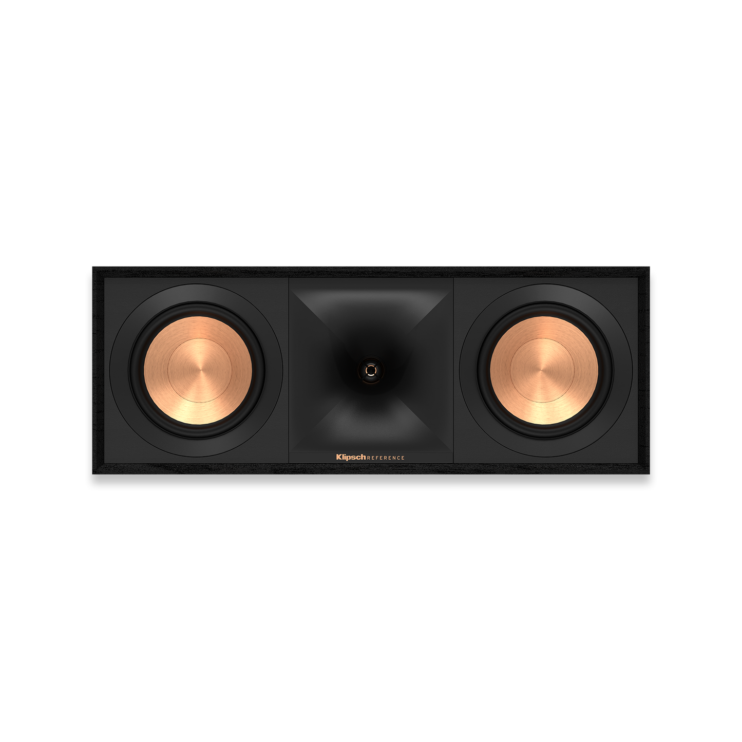 Klipsch R-50C center speaker showing dual 5.25-inch woofers and horn tweeter