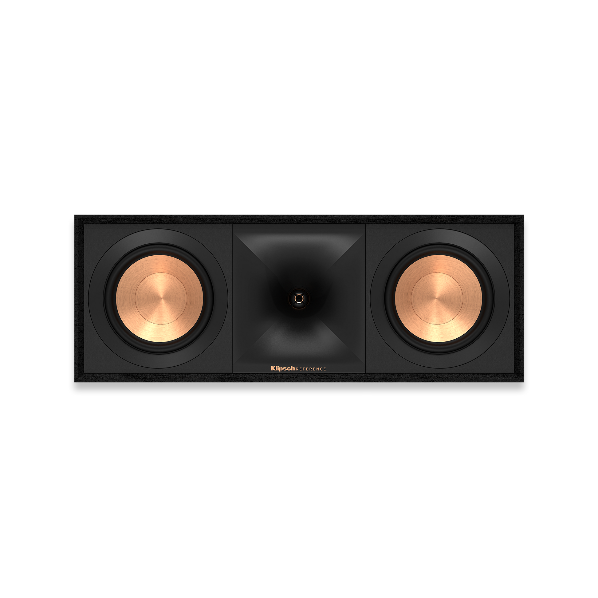 Klipsch R-50C center speaker showing dual 5.25-inch woofers and horn tweeter
