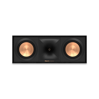 Klipsch R-50C center speaker showing dual 5.25-inch woofers and horn tweeter