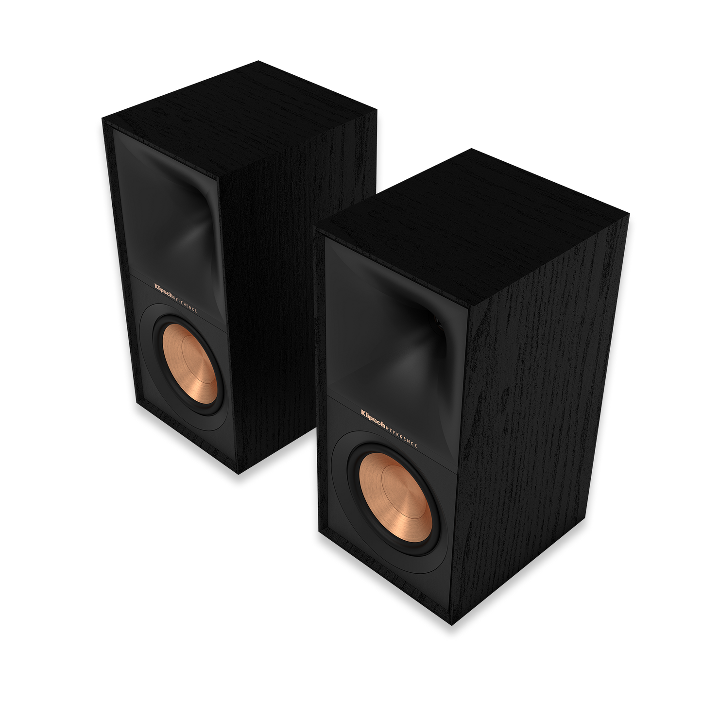 Klipsch R-50M bookshelf speaker in black textured wood grain, front view