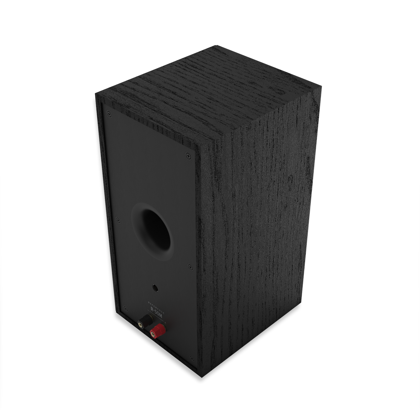 Angled rear view of Klipsch R-50M bookshelf speaker in black