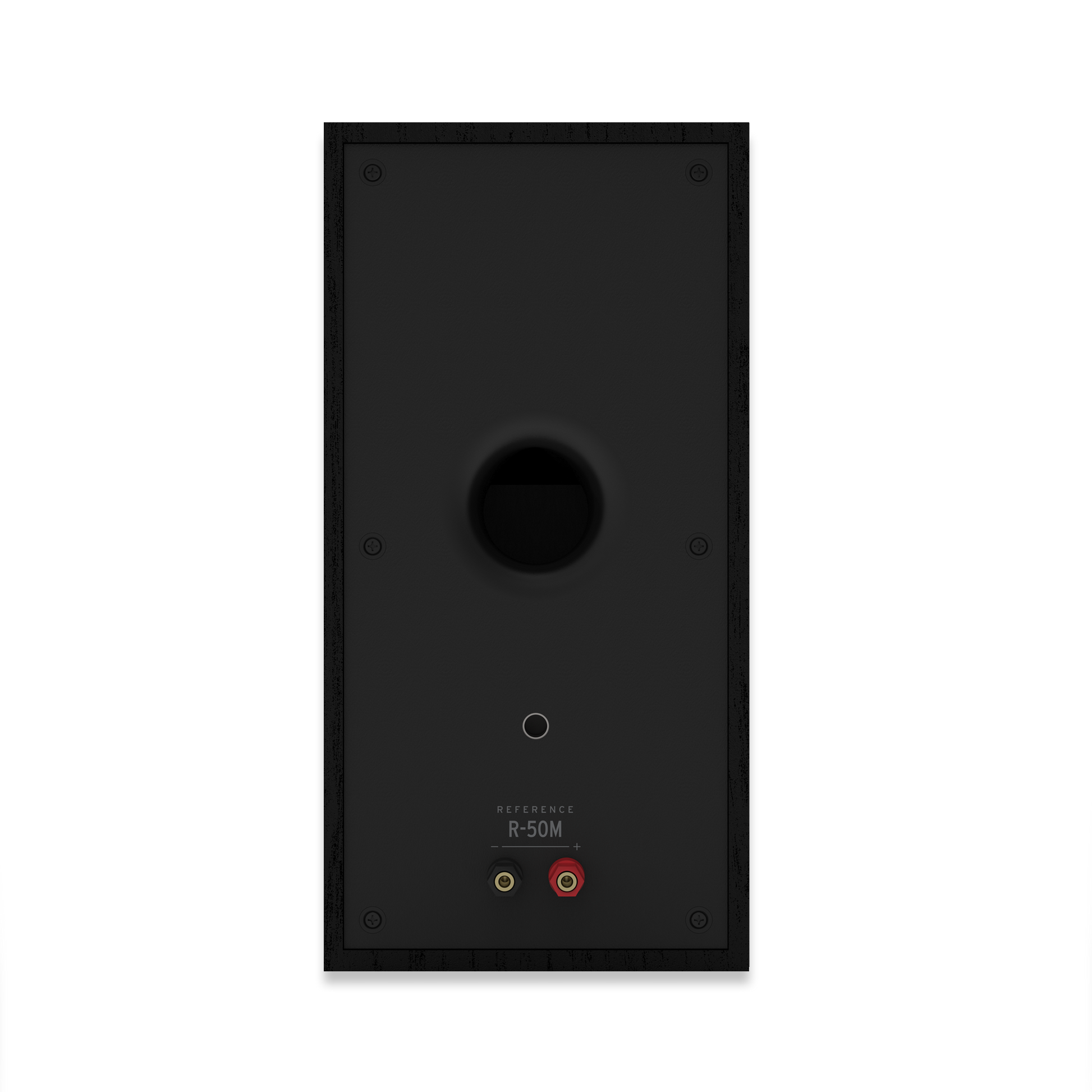 Rear panel of Klipsch R-50M showing binding posts and bass-reflex port