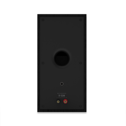 Rear panel of Klipsch R-50M showing binding posts and bass-reflex port