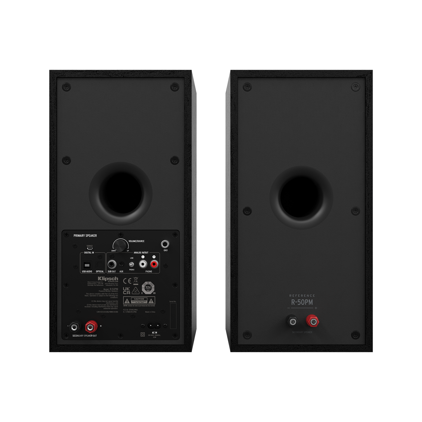 Klipsch R-50PM powered speakers in Black, rear panel with phono, Bluetooth and subwoofer output