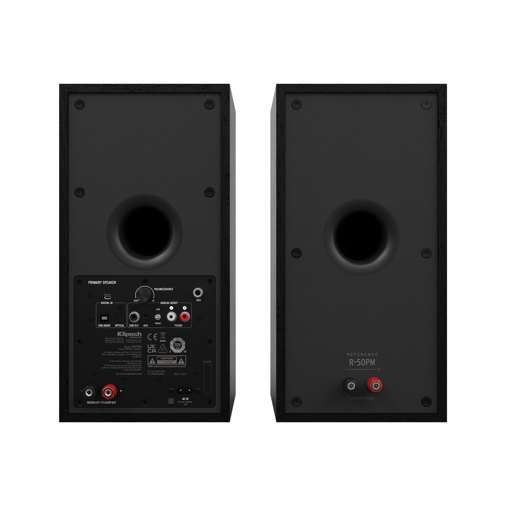 Klipsch R-50PM powered speakers in Black, rear panel with phono, Bluetooth and subwoofer output