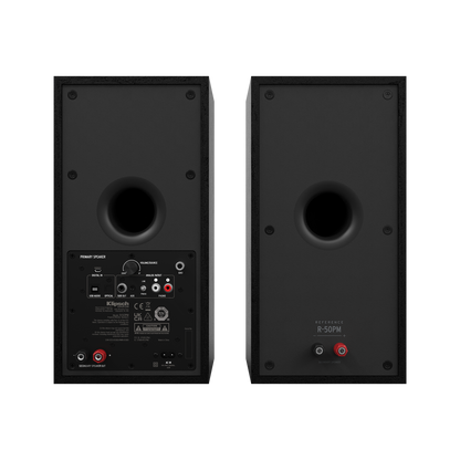 Klipsch R-50PM powered speakers in Black, rear panel with phono, Bluetooth and subwoofer output