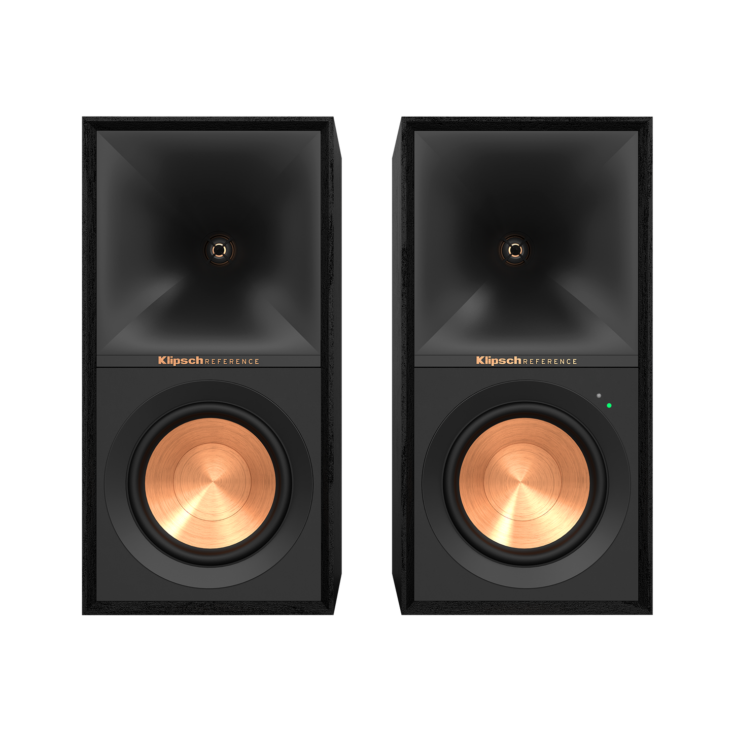 Klipsch R-50PM powered speakers in Black, front view with grilles off