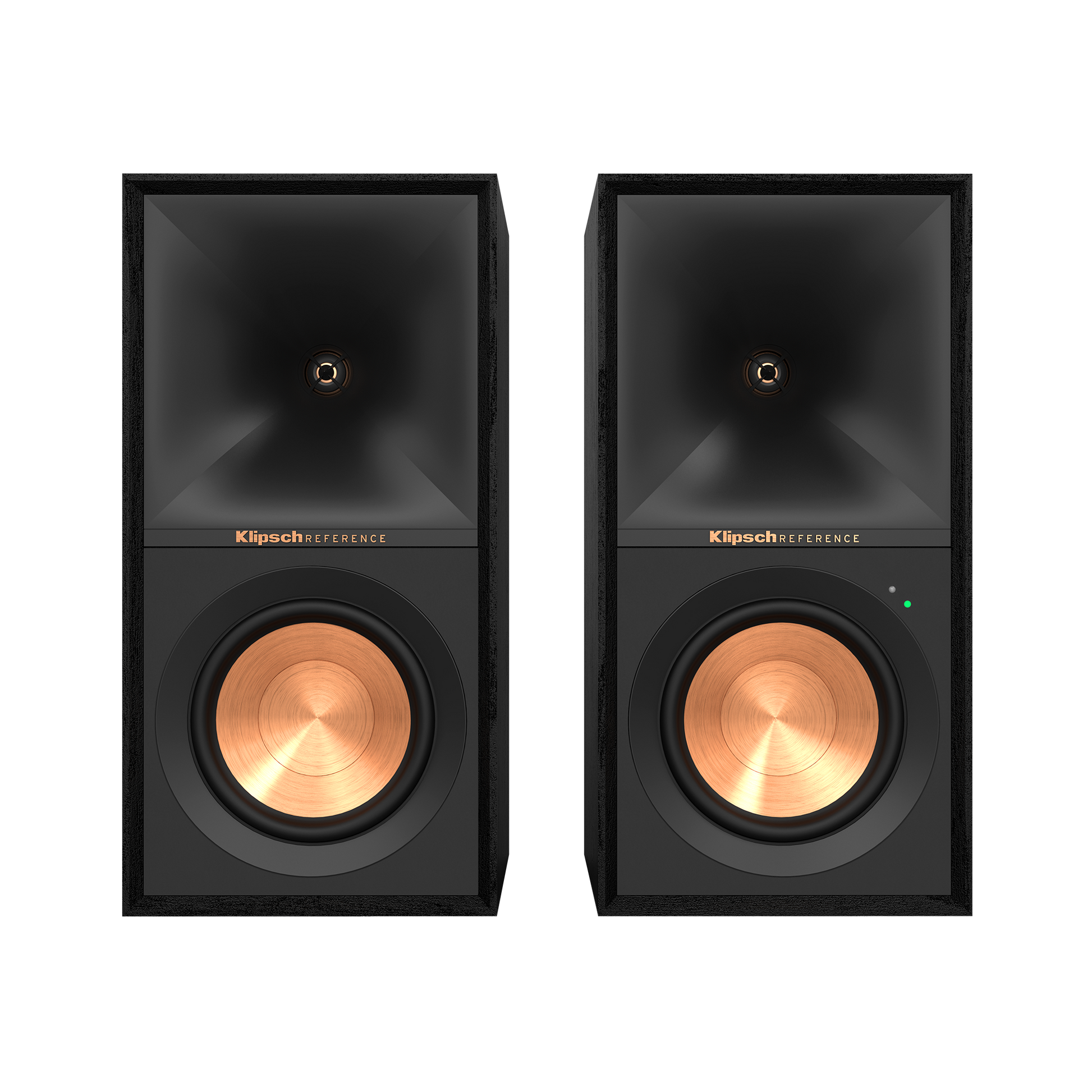 Klipsch R-50PM powered speakers in Black, front view with grilles off