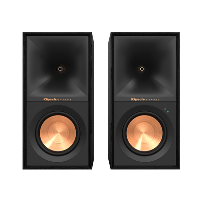 Klipsch R-50PM powered speakers in Black, front view with grilles off