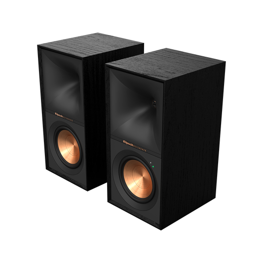 Klipsch R-50PM powered speakers in Black, pair hero view with grilles off showing copper woofers