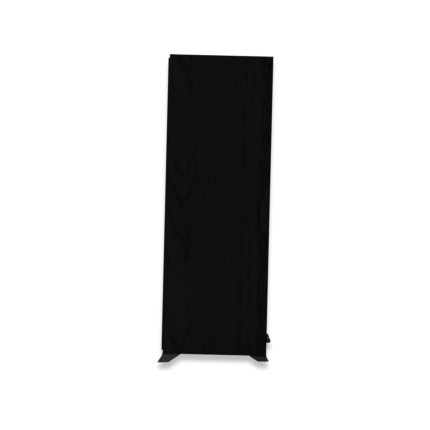 Angled view of Klipsch R-600F tower speaker in black textured wood grain
