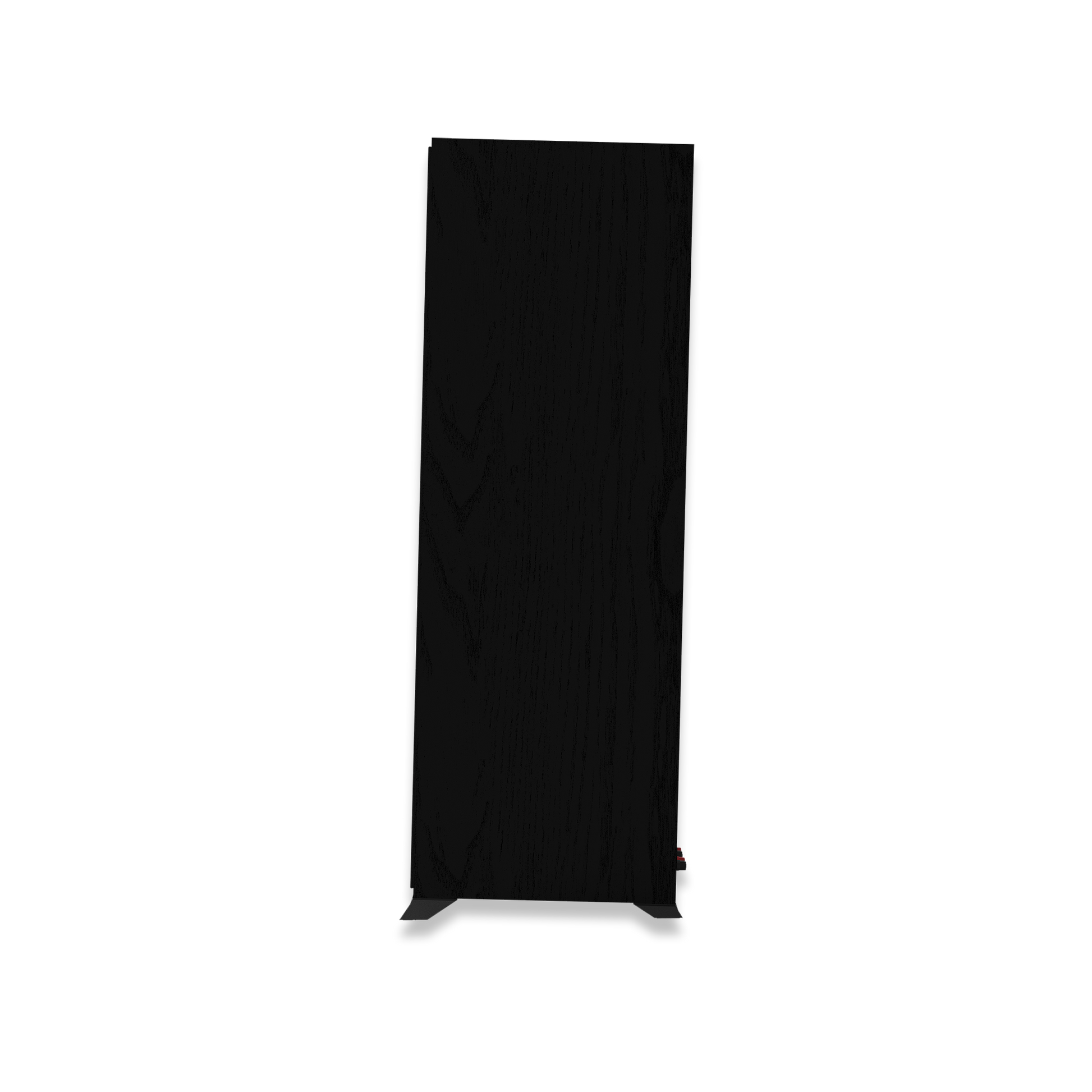 Angled view of Klipsch R-600F tower speaker in black textured wood grain