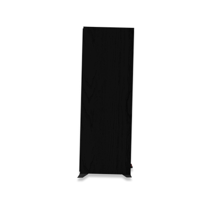Angled view of Klipsch R-600F tower speaker in black textured wood grain