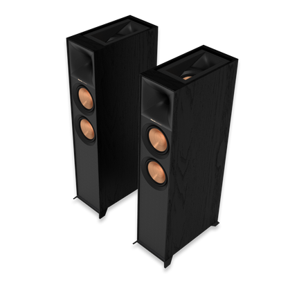 Klipsch R-605FA tower speaker front view in black textured wood grain