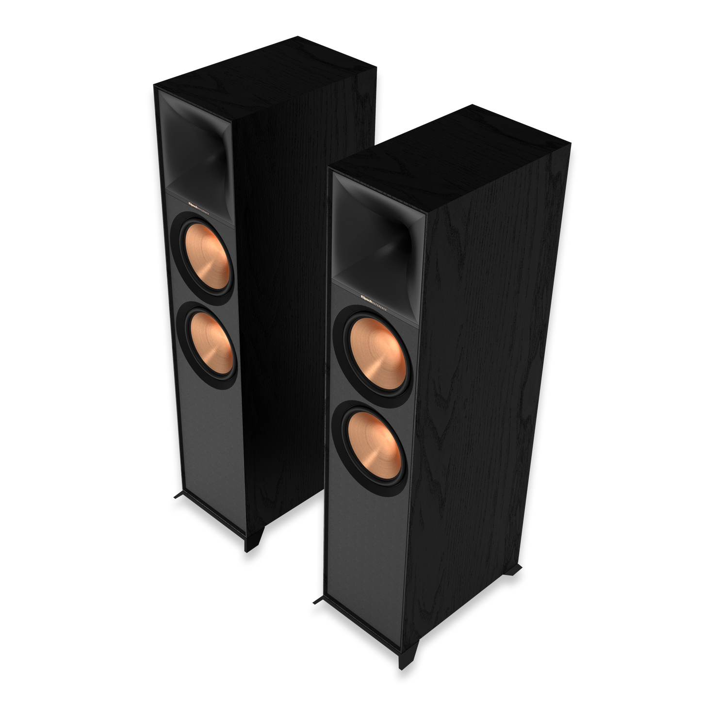 Klipsch R-800F tower speaker front view showing dual 8-inch woofers and horn tweeter